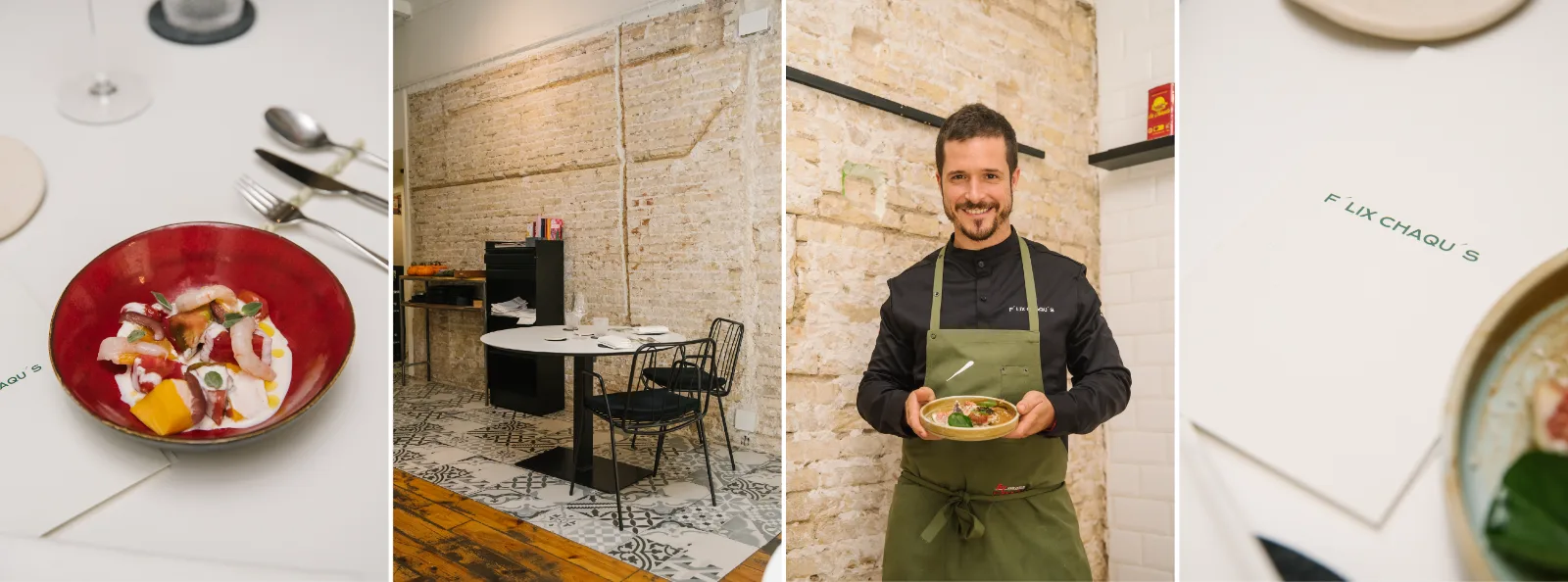 Plato de temporada, sala del restaurante y el chef Félix Chaqués en su restaurante del Barrio del Carmen, Valencia